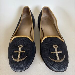 Stubbs & Wootton Nautical Anchor Navy & Gold Needlepoint Loafers Sz 8.5 Leather